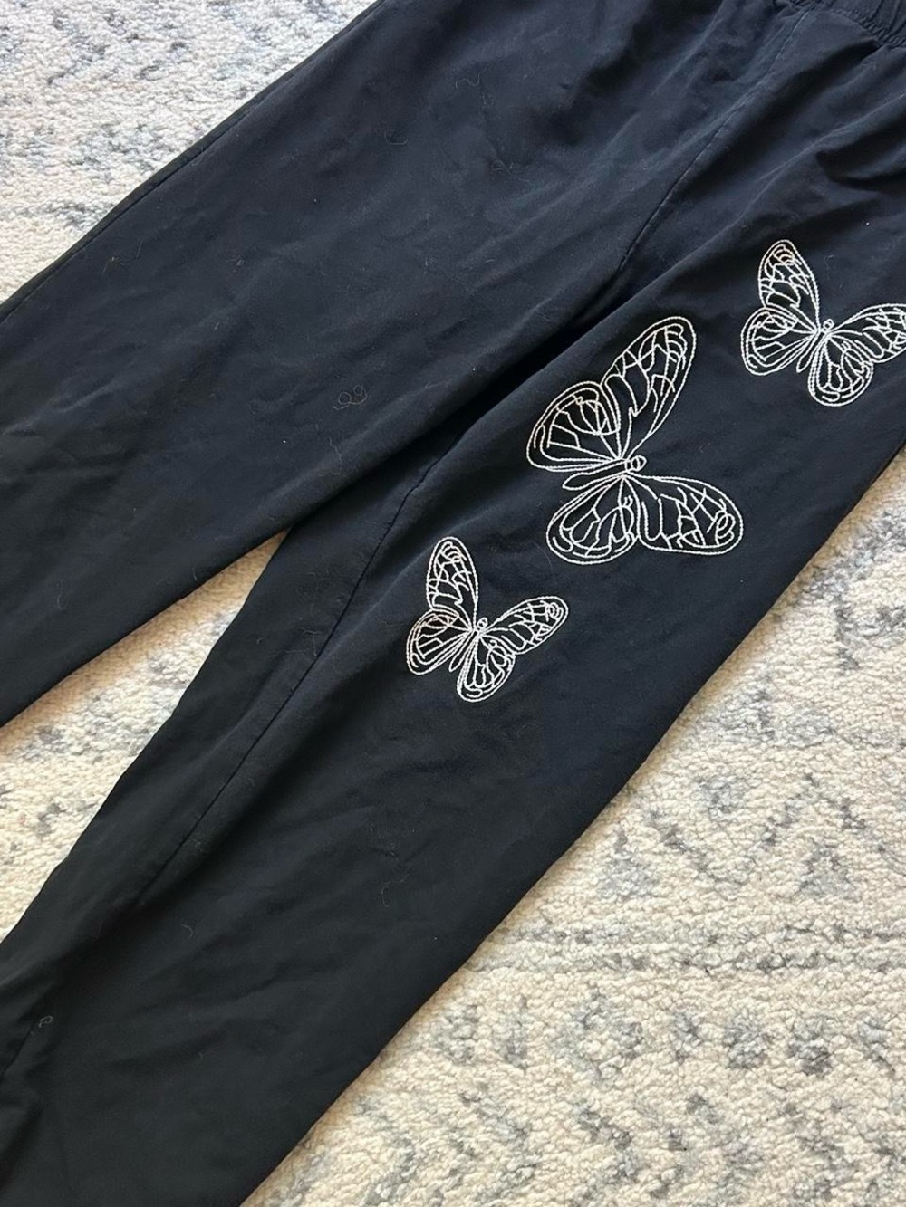 Black sweatpants with White Butterfly Embroidery